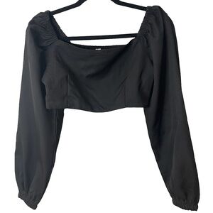 🌞 SAFIRA  Balloon Long Sleeve Black Crop Top Smocked Back SZ Lg EUC